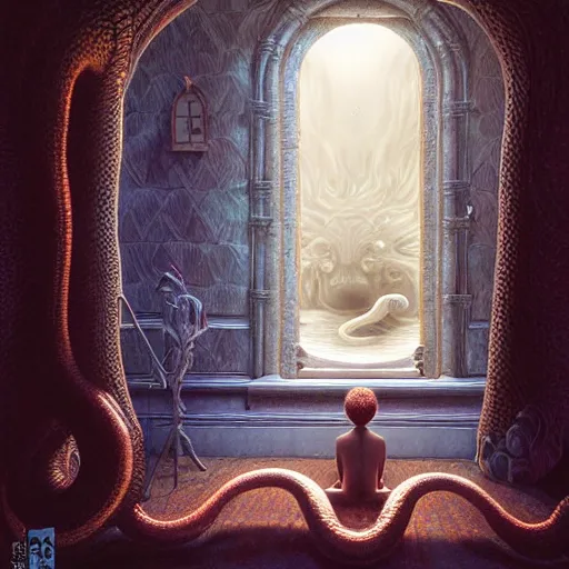 Prompt: hyperreal ultra detailed hypnagogic recollections from the waters of the unconscious, a 3 d psychopomp watching on, a man's face, a mirror, a doorway threshold, a huge snake, smooth, sharp focus, global illumination, ornate, art by shaun tan and daniel merriam and dan mumford octane render