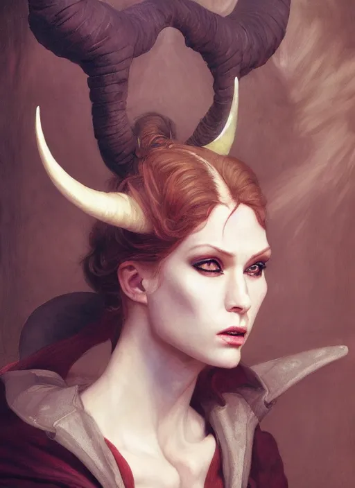 Image similar to portrait demon half human, elegant, wearing a bomber jacket, armor, hyper realistic, horns, extremely detailed, dnd character art portrait, fantasy art,, dramatic lighting, vivid colors, deviant art, artstation, by edgar maxence and caravaggio and michael whelan and delacroix, lois van baarle and bouguereau
