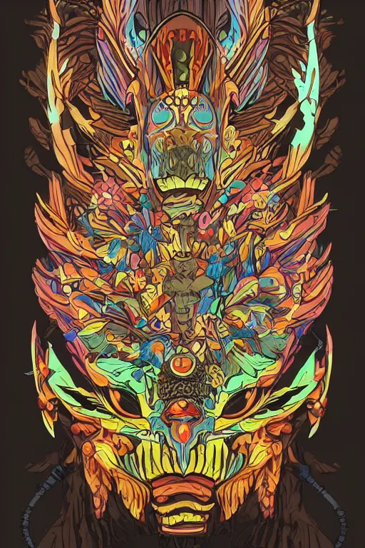 Image similar to animal mask totem roots flower tribal feather gemstone plant wood rock shaman vodoo video game vector cutout illustration vivid multicolor borderlands comics by josan gonzales and dan mumford radiating a glowing aura