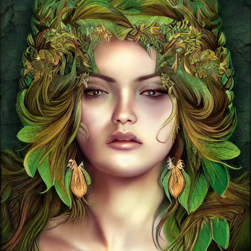 Image similar to sensual goddess of nature, love and life, art digital, artwork, fantasy, highly detailed face