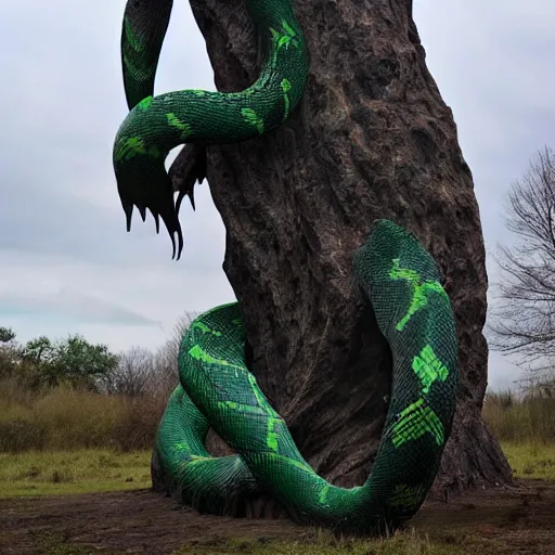 Image similar to A beautiful sculpture of a large, looming creature with a long, snake-like body. The creature has many large, sharp teeth, and its eyes glow a eerie green. It is wrapped around a large tree, which is bent and broken under the creature's weight. There is a small figure in the foreground, clutching a sword, which is dwarfed by the size of the creature. dark violet, octane 3d by Janine Antoni, by Arthur Hughes neat, playful