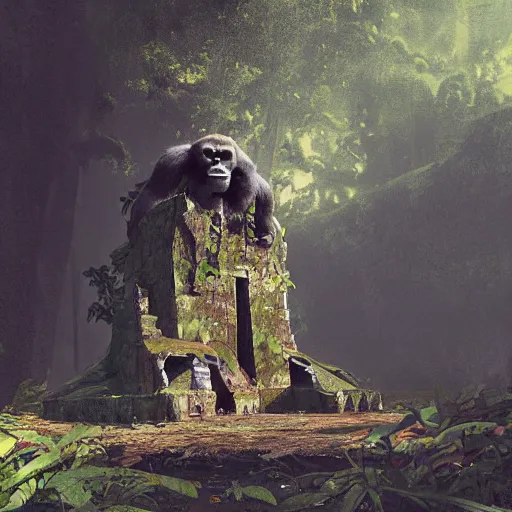 Prompt: statue of a gorilla ruins covered by the dense jungle, artwork by Sergey Kolesov