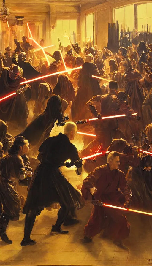 Image similar to painting of evil sith attacking a birthday party, by Peder Krøyer, dramatic lighting, golden hour, epic, intricate detail, canvas print, the sith have lightsabers