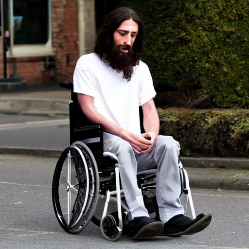 Image similar to jesus christ smoking a blunt, sitting in a wheelchair