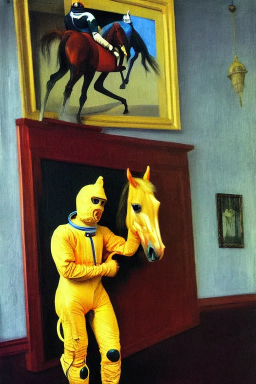 Prompt: man in horse costume, horse in costume astronaut, horse racing, hauntingly surreal, highly detailed painting by francis bacon, edward hopper, adrian ghenie, gerhard richter, and james jean soft light 4 k,