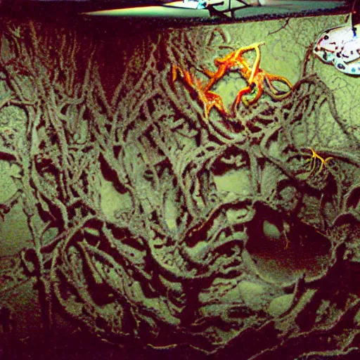 Image similar to colored photograph taken on fujifilm superia film, 3 5 mm, spooky creepy liminal space, halloween decorations, educational display case, aquatic exhibition science museum, smelly dried dryrot putrid aquarium with hollow tentacle tunnels, fishbones covered in flies, bright computer screens with colorful displays, backroom stairs leading down under water, displacement