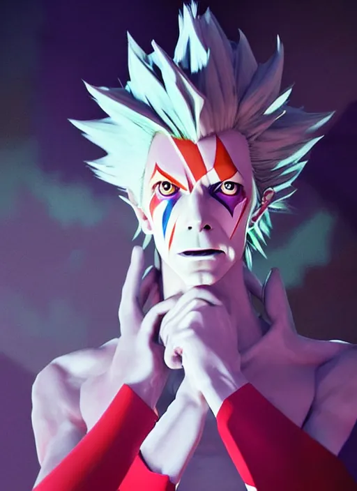 Image similar to portrait of david bowie as hisoka from hunter x hunter, coherent, medium shot, waist up, studio ghibli pixar and disney animation sharp unreal engine 5, anime key art by greg rutkowski, bloom, dramatic lighting