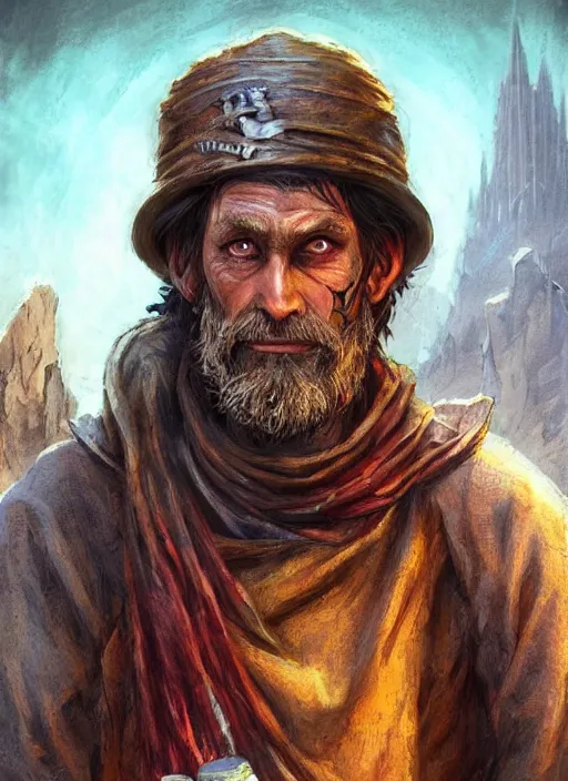 Prompt: poor beggar on the streets, ultra detailed fantasy, dndbeyond, bright, colourful, realistic, dnd character portrait, full body, pathfinder, pinterest, art by ralph horsley, dnd, rpg, lotr game design fanart by concept art, behance hd, artstation, deviantart, hdr render in unreal engine 5