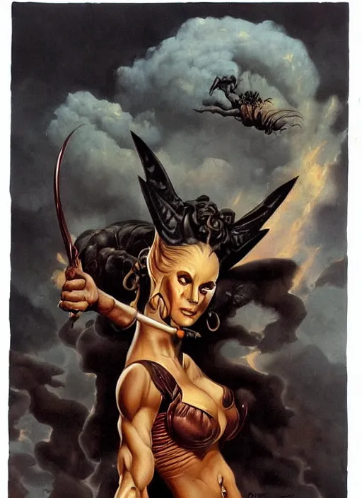 Image similar to portrait of demoness soldier, above black clouds, black iron tiara, strong line, deep color, forest, beautiful! coherent! by boris vallejo, by frank frazetta, minimalism