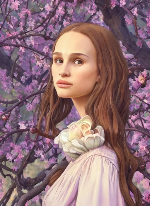 Image similar to well - lit art nouveau portrait of a 1 3 - year old girl wih resembles natalie portman and emily browning looking distressed under an apple tree, natural lighting, path traced, highly detailed, high quality, cartoon, digital painting, by don bluth and ross tran and studio ghibli