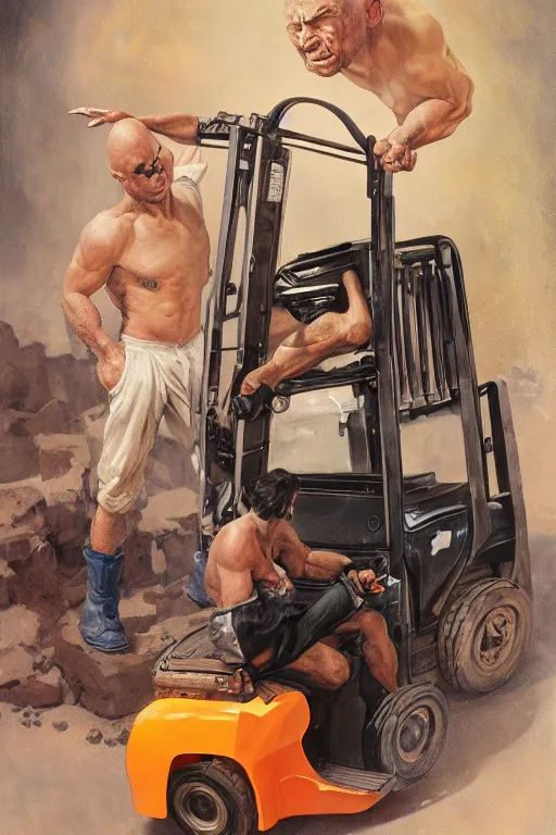 Image similar to a bald man driving a fork lift truck by Frank Frazetta, Ivan Aivakovsky, Boris Vallejo, epic character art, full length, Exquisite detail, post-processing, masterpiece, cinematic, 8k, ultra realistic, hyper detailed