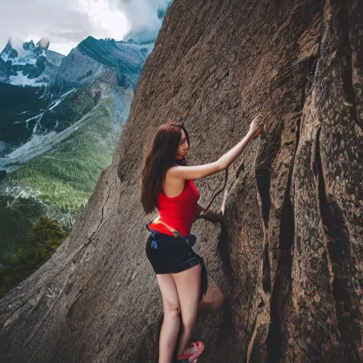 Image similar to beautiful girl climbing a mountain, dslr, natural lighting, clear features,