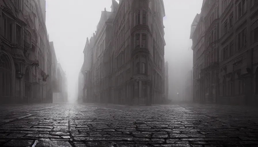 Prompt: empty streets od neo - gothic brussels in fog, wet ground, hyperdetailed, artstation, cgsociety, 8 k