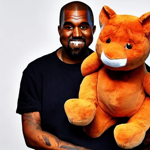 Prompt: kanye west holding a pete davidson plush toy