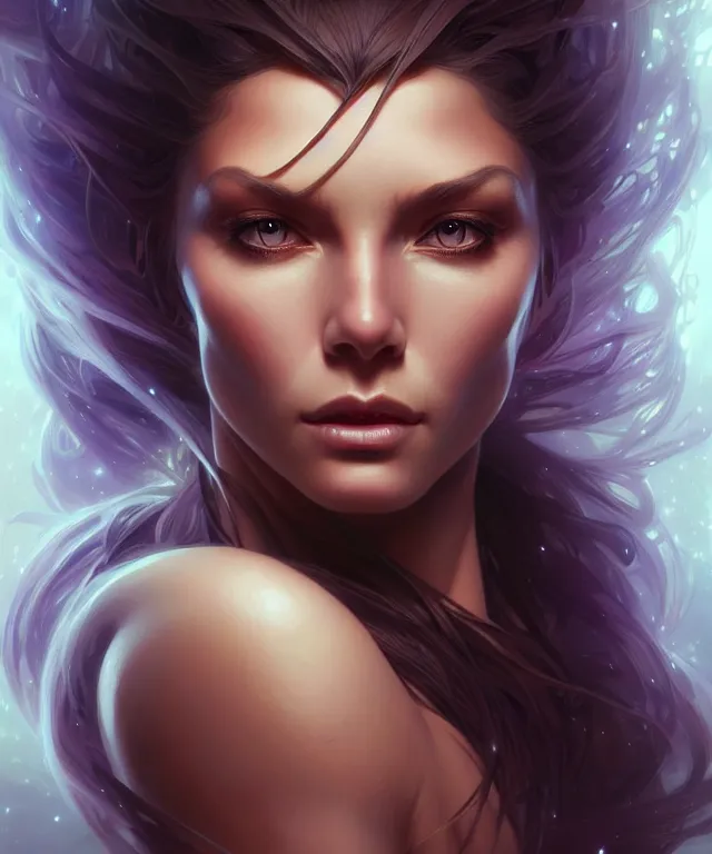 Image similar to futuristic woman portrait, sci-fi, amber eyes, face, long hair, fantasy, intricate, elegant, highly detailed, digital painting, artstation, concept art, smooth, sharp focus, illustration, art by artgerm and greg rutkowski and alphonse mucha