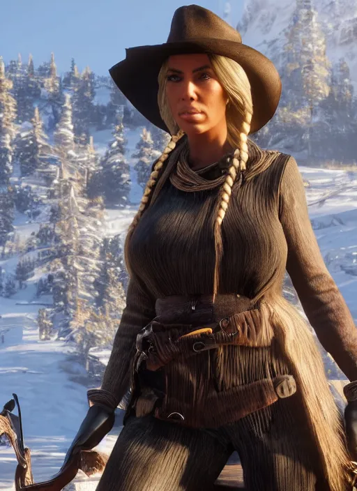 Image similar to film still of kim kardashian as Sadie Adler in rdr2.