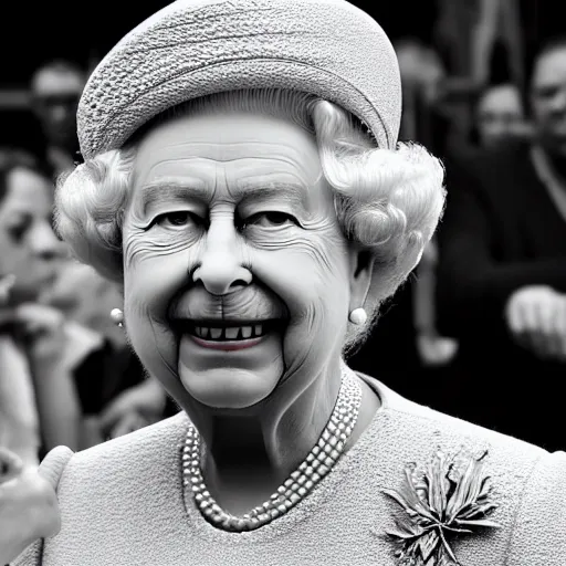 Image similar to the queen of england at a techno party smoking a joint, hyper realistic