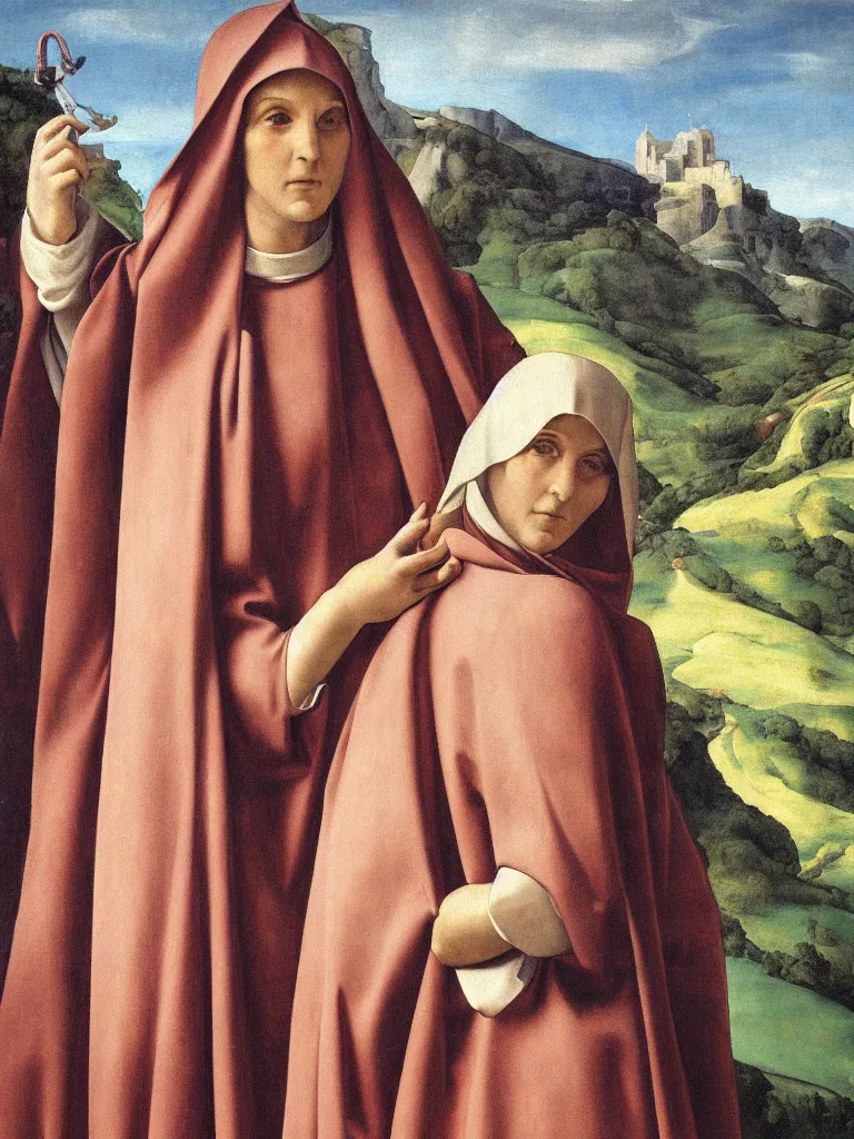 Prompt: a very detailed oil painting of the nun sainte claire wearing clarise habit, beautiful landscape background, half body, by michelangelo