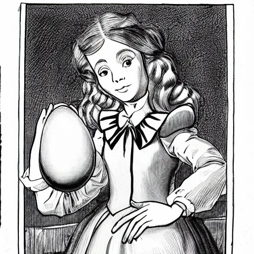 Prompt: alice in wonderland holding an egg