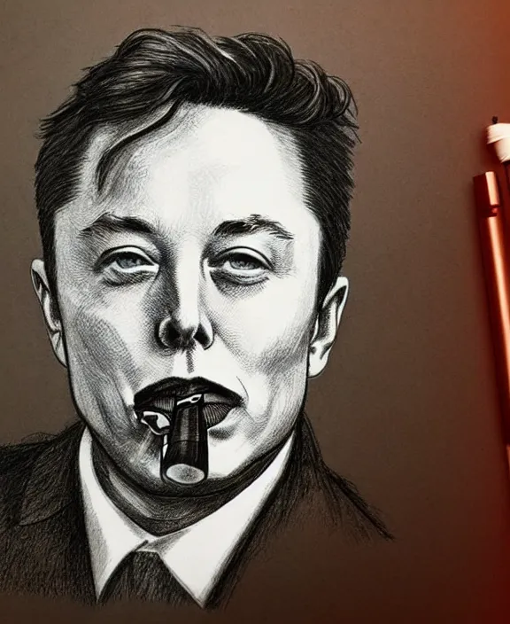 Image similar to a detailed fineliner drawing of elon musk smoking a joint