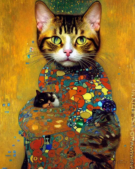 Image similar to summertime cat portrait an oil painting splashes with many colors and shapes by gustav klimt greg rutkowski and alphonse mucha, polycount, generative art, psychedelic, fractalism, glitch art