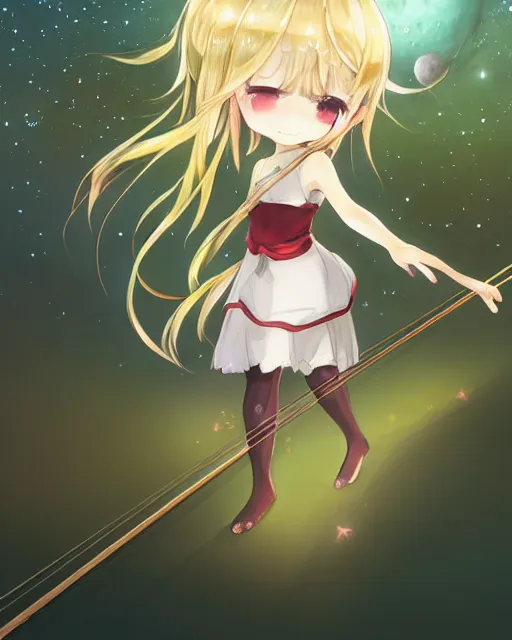 Image similar to chibi, cute, big eyes, full body, elf girl with white skin and golden long wavy hair, holding a violin and playing a song, stunning art style, filters applied, lunar time, night sky, trending art, sharp focus, centered, landscape shot, fate zero, simple background, studio ghibly makoto shinkai yuji yamaguchi, by wlop