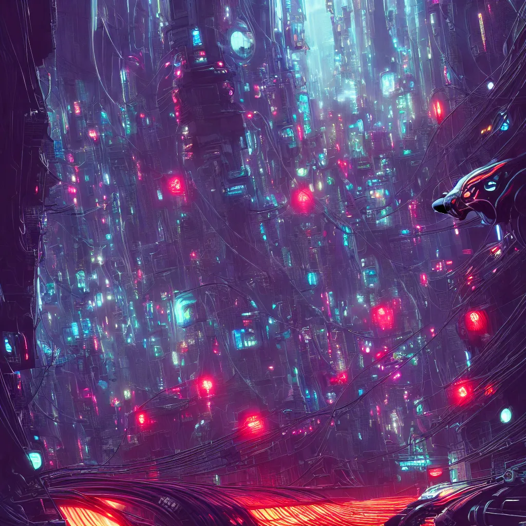 Image similar to robo cats inside an scifi tentacles wires futuristic city, beautiful signs, wide angle, retro futuristic comics, cinematic, highly detailed, photorealistic, rich bright colors, trending on artstation, giger, tsutomu nihei, trending on cgsociety, awe inspiring bruce pennington cityscape, digital art painting of 1 9 6 0 s