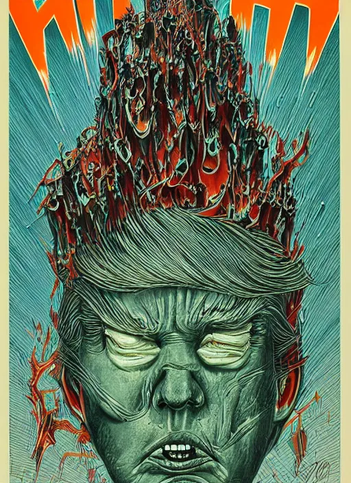 Image similar to donald trump's disgusting true form burstin from within, horror, high details, intricate details, by vincent di fate, artgerm julie bell beeple, 1 9 8 0 s, inking, vintage 8 0 s print, screen print