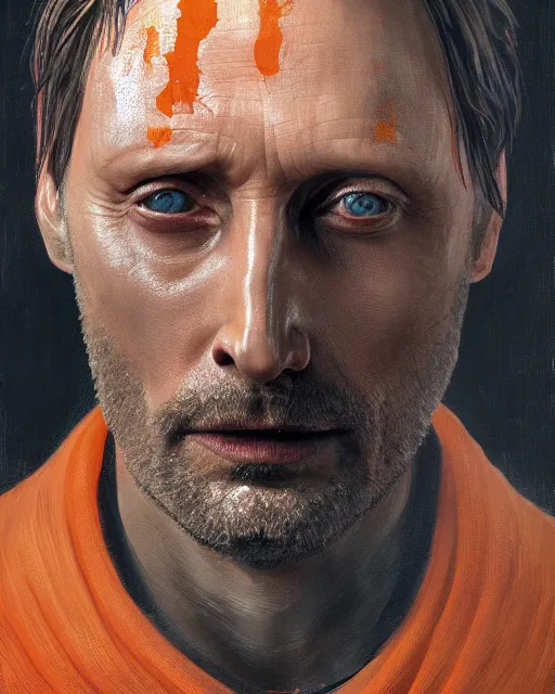 Image similar to mads mikkelson as clifford unger from death stranding, mysterious portrait, oil painting, orange fill light