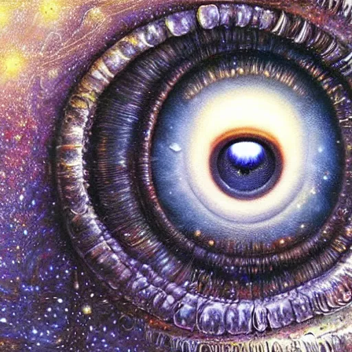 Image similar to low angle shot of a eye with the galaxy in the iris by clive barker, intricate, elegant, highly detailed, centered, digital painting, artstation, concept art, smooth, sharp focus, illustration, artgerm, Tomasz Alen Kopera, Peter Mohrbacher donato giancola, Joseph Christian Leyendecker, WLOP, Boris Vallejo.