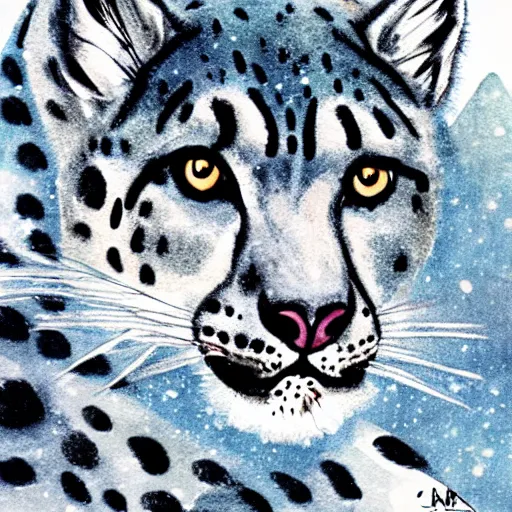 Prompt: a snow leopard in snowy mountains, digital painting, water color, illustration, spiritual