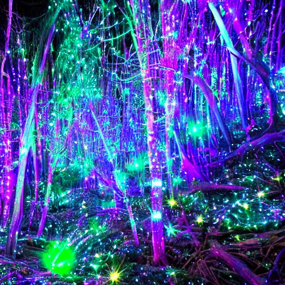 Image similar to crystal forest, fiber optic lights, neon glare, nacreous flare