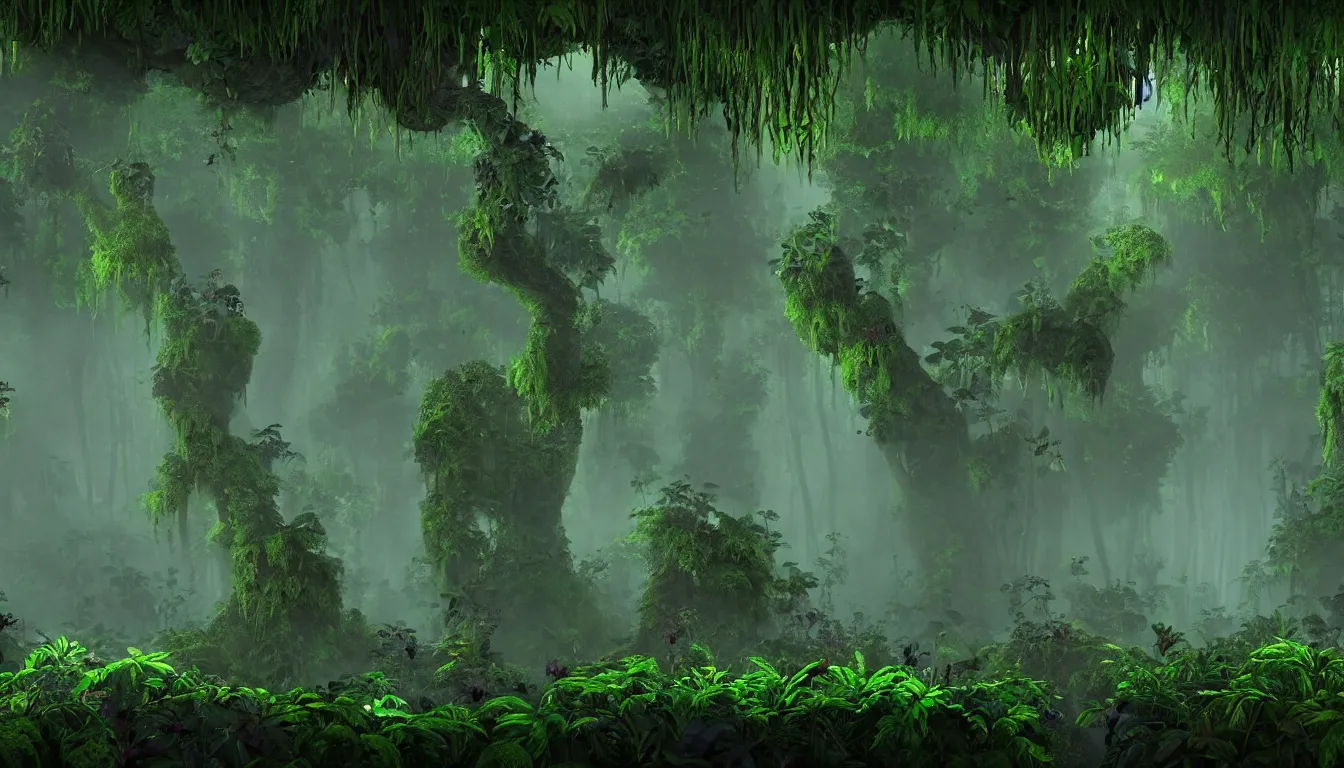 Prompt: deep jungle forest realm biodiversity , side-scrolling 2d platformer game level, swirling clouds of magical mist through the trees, small chunks of forest soil floating like islands between the tree trunks, dramatic dusk sun illuminates areas , volumetric light , detailed entangled roots carpet the forest floor, rich color , upscale , 8k