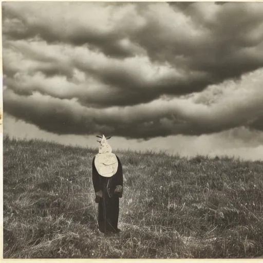 Prompt: vintage photo of a traditional 19th century pagan Halloween costume dark clouds in the sky, photo journalism, photography, cinematic, national geographic photoshoot