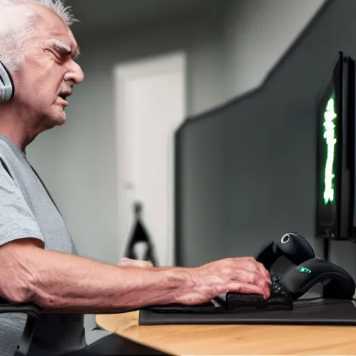 Image similar to very angry old man playing a game on a PC, razer gaming headset and chair