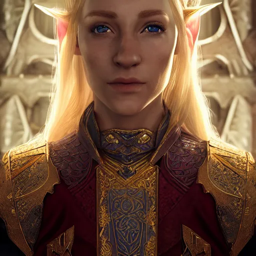 Image similar to the elder scrolls vi, charismatic regal blonde high elf female jarl, portrait, throne room, atmospheric lighting, painted, intricate, volumetric lighting, beautiful, daytime, sunny weather, slight overcast, sharp focus, deep colours, ultra detailed, by leesha hannigan, ross tran, thierry doizon, kai carpenter, ignacio fernandez rios