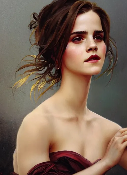Image similar to oil painting of emma watson giving seductive look. beautiful detailed face. by artgerm and greg rutkowski and alphonse mucha