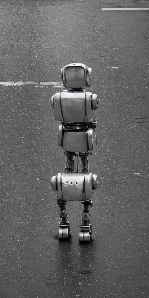 Image similar to robot on the road, city, photo, rain,