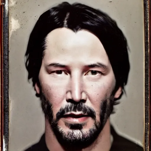 Prompt: daguerreotype of Keanu reeves, old photograph, aged, weathered