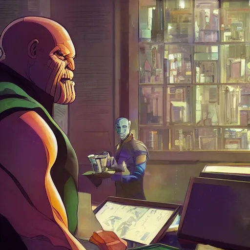 Image similar to portrait of thanos working at starbucks, digital illustration, by makoto shinkai and ruan jia and studio ghibli