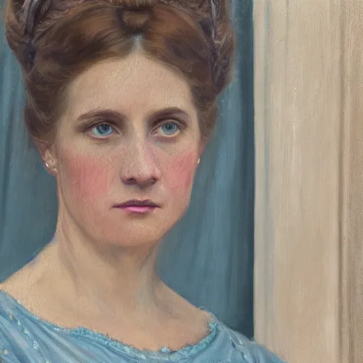 Image similar to portrait painting of a lady in a light blue dress 1 9 0 0 s entire face shown in great detail, garden, photorealistic, extreme detail, sharp focus, 8 k, intricate, hyper detailed, realistic, cinematic lighting