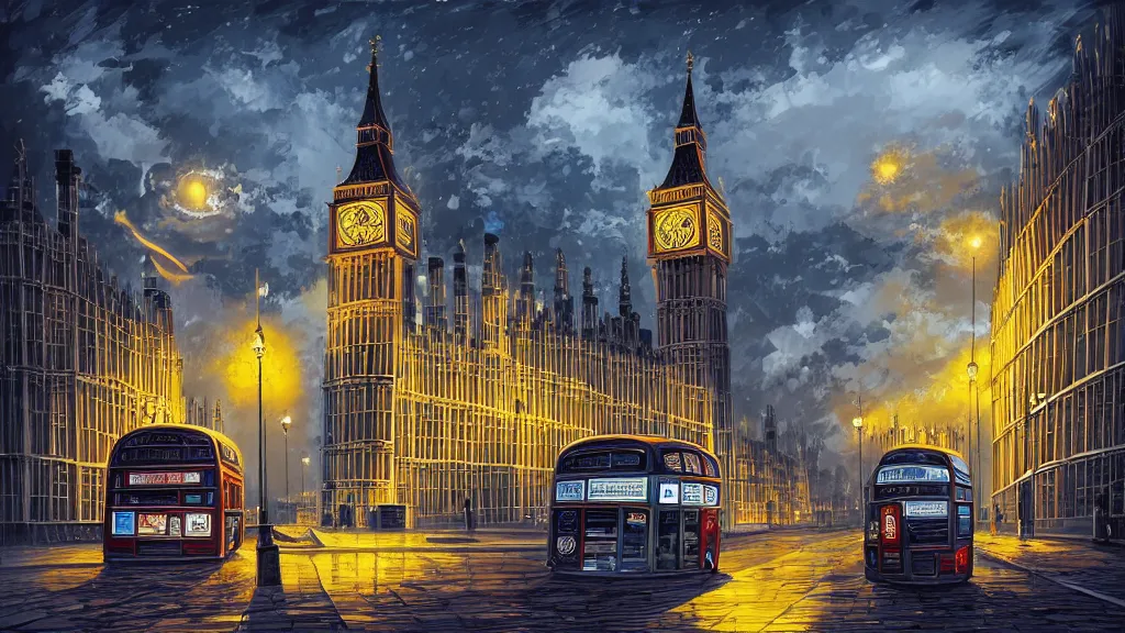 Image similar to street view of london city at night by cyril rolando and naomi okubo and dan mumford. elegant edwardian street lamps. double decker bus. st pauls cathedral. london bridge. black taxi cab. big ben clock tower.