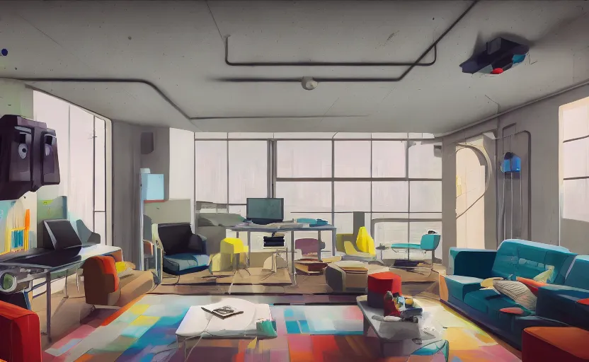 Image similar to Interior shot of a futuristic brutalist studio apartment with computers and colourful furniture by Petros Afshar and Beeple, James Gilleard, Mark Ryden, Wolfgang Lettl highly detailed