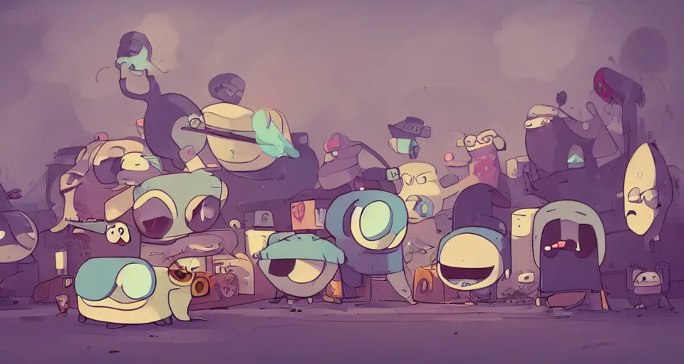 Image similar to cartoon gangster snails, in the style of adventure time, the amazing world of gumball, pixar, toki doki, greg rutkowski and makoto shinkai, trending on artstation