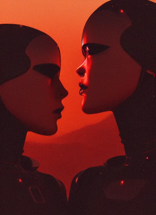 Image similar to cinestill 5 0 d photographic portrait of two loving female androids wearing rugged black mesh techwear on a desolate plain with a red sky, extreme closeup, modern cyberpunk, dust storm, 8 k, hd, high resolution, 3 5 mm, f / 3 2, ultra realistic faces, ex machina, blade runner