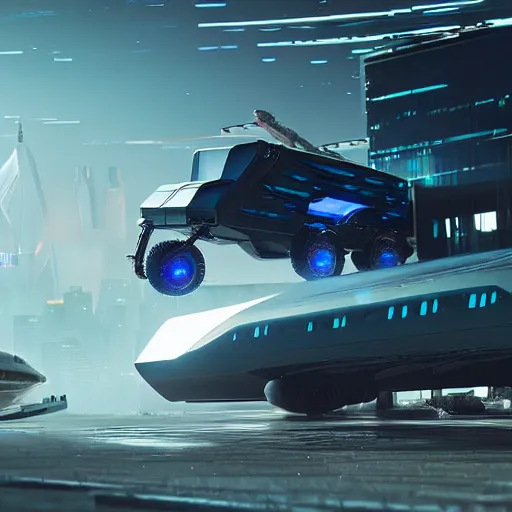 Image similar to cyberpunk alien concept of the a - team van flying trough the sky, futuristic look, highly detailed body, very powerful, photorealistic camera shot, crisp quality and light reflections, unreal engine 5 quality render