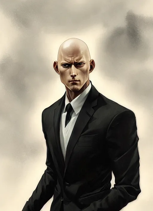 Image similar to ultra realistic illustration, handsome saitama. elegant, black suit, highly detailed, digital painting, artstation, concept art, smooth, sharp focus, illustration, art by artgerm and greg rutkowski and alphonse mucha and wlop