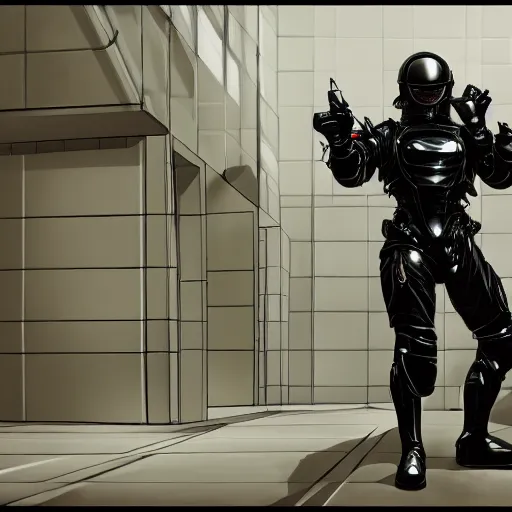 Image similar to a portrait of a manga character in a futuristic room, black and shiny cyber armor, handling a gun, highly detailed, render, vray, octane, realistic lighting, by nihei tsutomu