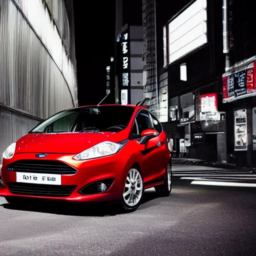 Prompt: red ford fiesta mk 5 zetec in tokyo spain, award winning photograph, night time