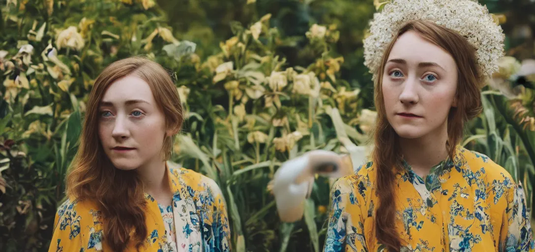 Image similar to A medium format head and shoulders portrait of a young woman that looks like Saoirse Ronan wearing a yellow kimono in a greenhouse, she has a very detailed barn owl on her shoulder, graflex, bokeh